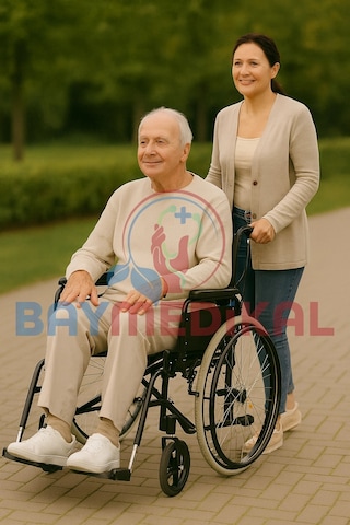 Manuel Tekerlekli Sandalye Çelik Şase, Katlanır Sırt, İç-dış Mekan Uygun, 120 Kg Taşıma Kapasitesi