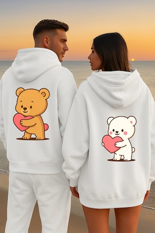 Nevermind Kalpli Ayıcık Sevgili Kombini Hoodie Unisex Oversize Çift Sweat Beyaz