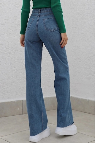 Orta Mavi Likralı Süper Yüksek Bel Salaş Jeans Palazzo Pantolon Orta Mavi
