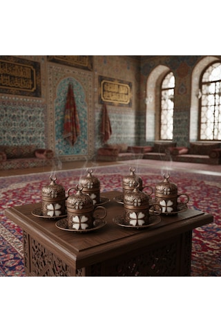 Yonca Desenli 6 Kişilik Porselenli Kapaklı 24 Parça Bakır Renk Fincan Seti Bakır