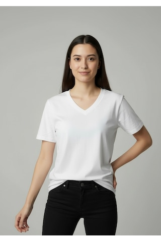 Lyvean V Yaka Regular Kısa Kollu Tshirt Beyaz