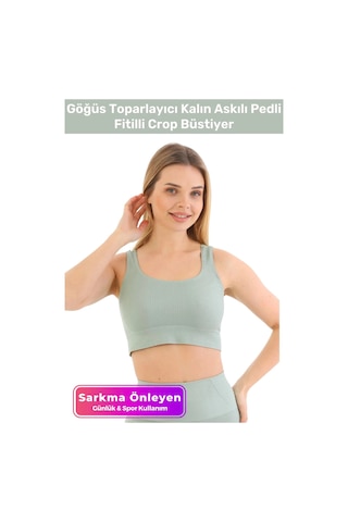 Fantazer Premium Göğüs Toparlayıcı Sarkma Önleyen Spor Günlük Kalın Askılı Pedli Fitilli Crop Büstiyer Mint