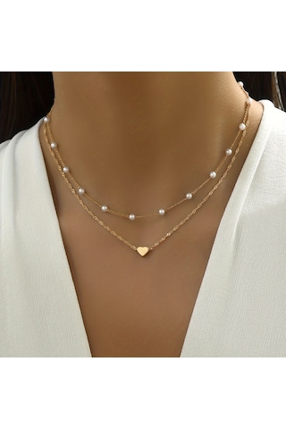 Inci Aşk Kalp Çift Katmanlı Kolye Kadınlar Takı Için Gümüş