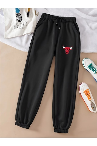 Unisex Kadın/erkek Bulls Baskılı Özel Renkli Paça Lastik Eşofman Altı Jogger Siyah