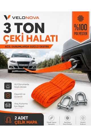 3 Ton Kırmızı Çekme Halatı 3 Metre 5 Cm Genişlik 2 Adet Çelik Mapa Dahil %100 Polyester Araç Kurtarma Halatı