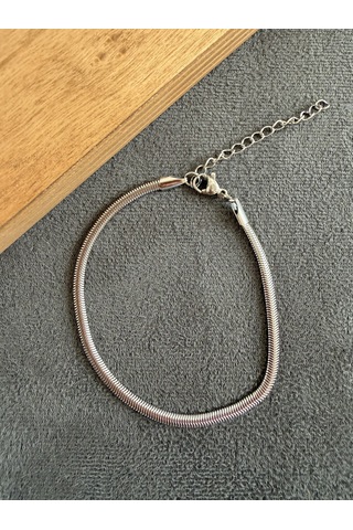 Paslanmaz Kararmaz Çelik Bileklik Yılan Ezme Bileklik 18+5cm 3mm Gümüş