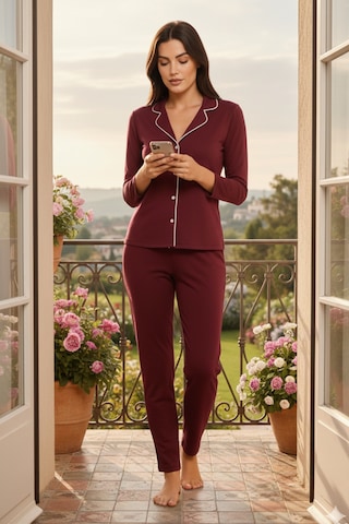 Kompedan Kadın Pamuklu Süprem Önden Düğmeli Biyeli Pijama Takımı Bordo 127 Bordo