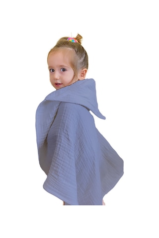 4 Katlı Müslin Kapşonlu Bebek Çocuk Banyo Havlusu Kundak İndigo