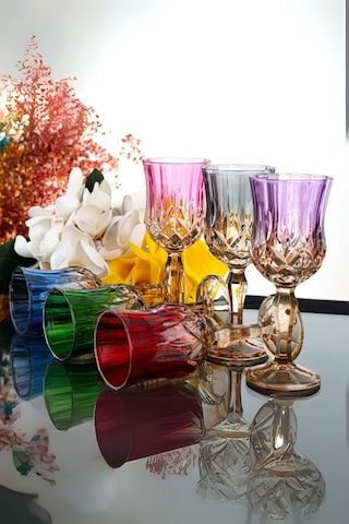 Çift Renk Organik Boya 6'lı Kristal Ayaklı Kahve Yanı Su Bardağı