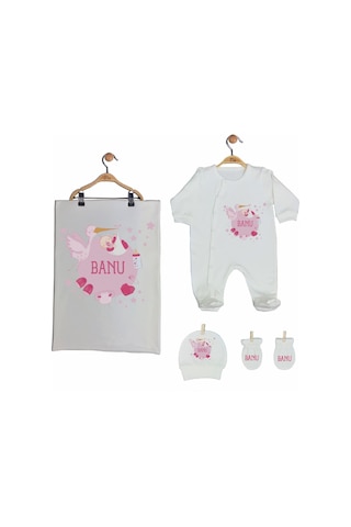 Pia Baby Gl 2005 İsme Özel Leylekli Beşli Tulum Set Krem