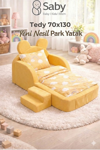 Saby Luxury Tedyy Baza Ve Başlıklı Montessori Full Sünger Yatak Seti - Sarı