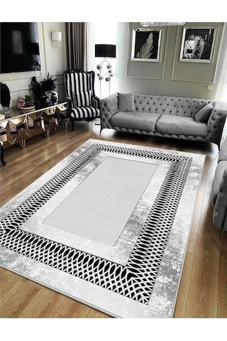 Yıkanabilir Kaymaz Taban Dekoratif Salon Mutfak Halı 11 Gri - Siyah