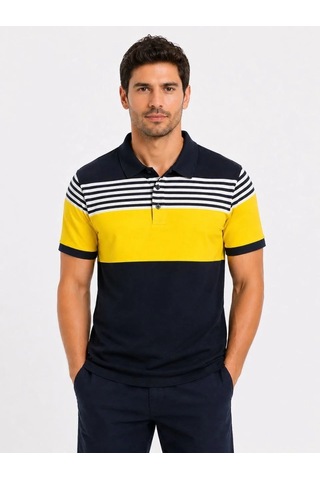 Tarzyeri Erkek Pike Kumaş Çizgili Polo Yaka Tişört Kısa Kol Yazlık T-shirt - Lacivert