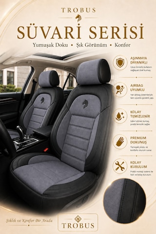 Ford Connect 2004-2010 Uyumlu Süvari Serisi 2+1 Ticari Tay Tüyü Füme Siyah Koltuk Kılıfı