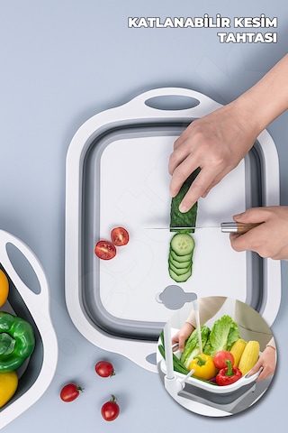 Katlanabilir Kesme Doğrama Tahtası - Yer Kaplamaz - Kamp Ve Mangala Uygun - Su Akıtma Tıpalı Beyaz - Gri