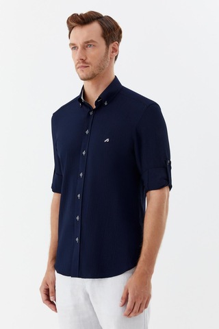 Sabri Özel Erkek Lacivert Dar Kesim Slim Fit %100 Pamuk Uzun Kollu Düğmeli Yaka Gömlek