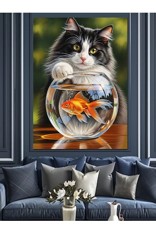 Ahşap Tablo Balık Fanusu Ve Kedi