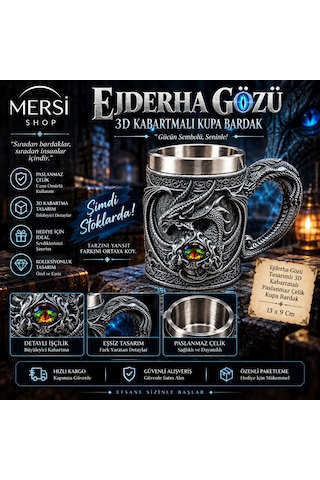 Ejderha Gözü Tasarımlı 3d Kabartmalı Paslanmaz Çelik Kupa Bardak 13x9 Cm Çok Renkli