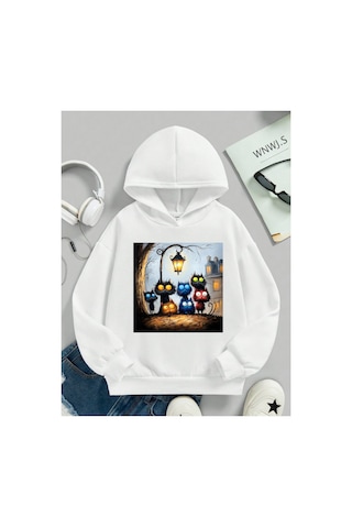 Stil X Sevimli Kediler Baskılı Kapüşonlu Çocuk Sweatshırt Beyaz-4