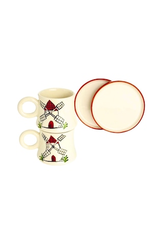 2 Li Takım Değirmen Desenli El Yapımı Kazan Seramik Kahve Fincanı, Kahve Fincanı, Hand Made Beyaz
