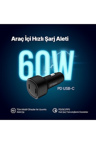 Smartcharger Duo Pd 60w Araç Hızlı Şarj Aleti Usb-c+usb-c
