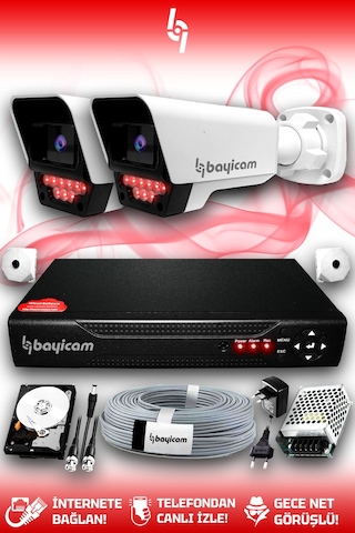 Bayicam 2 Kameralı Süper 2 Dış Kamera Set 100 GB 5 MP 2K Net Gece Görüşlü Güvenlik Kamerası Sistemi