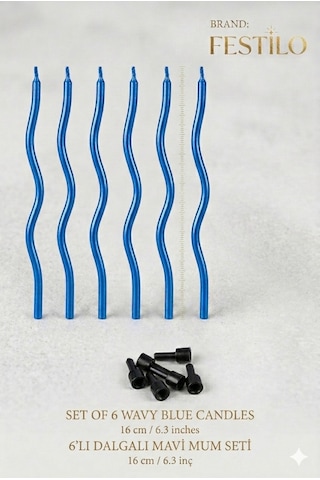 6 Lı Kıvrımlı Mum Mavi Pasta Süsü Spiral Mum Pasta Mumları 16 Cm