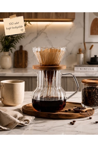 Morponi Borosilikat Cam Kahve Demeleme Seti Dripper Ve Sürahi - 100 Adet Filtre Kağıdı Hediyeli 500 Ml