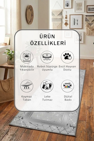 Ajda Gümüş Dijital Baskılı Kaymaz Yıkanabilir Yolluk Açık Gri