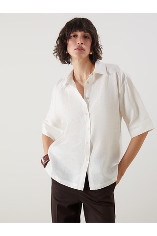 Lcw Vision Beyaz Oversize %100 Keten Kadın Gömlek