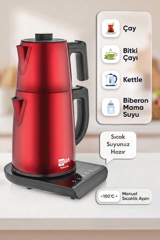 Egetürk TeaDem Vox Konuşan Dokunmatik Çay Makinesi Mama Suyu Hazırlama 1850W 1.7L Kettle 1.2L Demlik Kırmızı