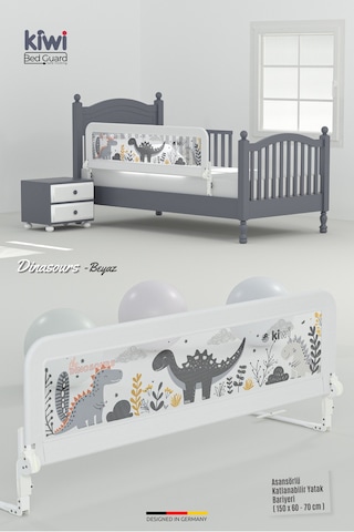 Kiwi Bed Guard Asansörlü Beyaz Dinozor Desenli, Çocuk Yatak Bariyeri, Yatak Korkuluğu 150x60-70 Cm