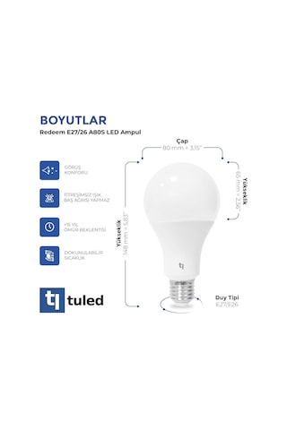 Redeem A80s E27 Led Ampul, Titreşimsiz, Göz Konforu, 1418 Lümen, Soğuk Beyaz, 6500 Kelvin Genel