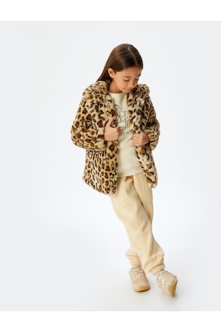 Koton Oversize Bebe Yaka Leopar Mont Suni Kürklü Uzun Kollu Bej Desenli 5wkg00009ak Ekru