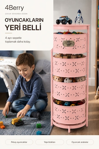 4 Katlı Metal Çok Amaçlı Oyuncak Dolabı Mutfak Sebzelik, Oyuncak, Banyo Ve Ev Organizeri Pembe