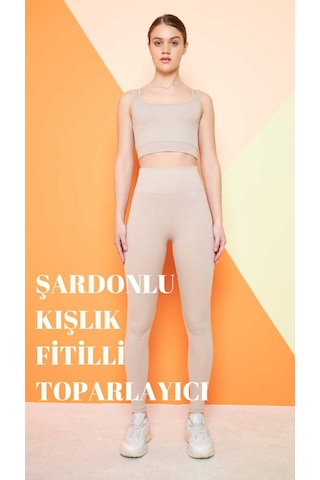 Haki Yüksek Bel Fitilli Toparlayıcı İnterlok Örme Şardonlu Spor Kışlık Tayt Bej