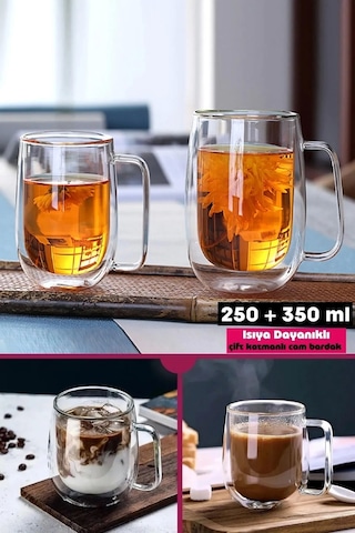 2'li Çift Cidarlı Bardak Seti Isıya Dayanıklı Espresso Sunum Bardağı Kulplu Kahve Kupası 250+350 Ml