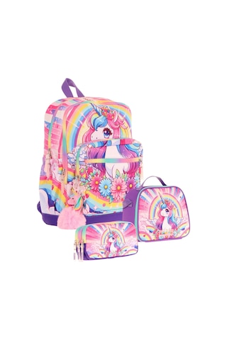 Kaukko Kids Dört Bölmeli Okul Çantası + Beslenme +kalemlik Seti Unicorn - Kız Çocuk - Pembe Mor Pembe - Mor