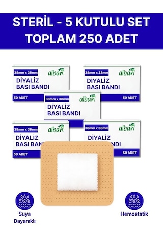 Steril Hemostatik Diyaliz Bandı 38mmx38mm, 250 Adet 5'li Paket