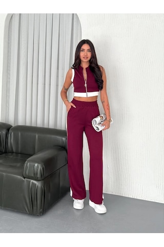 Primemagazam Kadın Osy Modal Yumuşak Dokulu Kumaş Tam Fermuarlı Crop Pantolon İkili Takım - Bordo Çeşitli