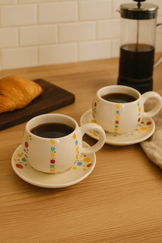 Dekorasyaa Duble 2'li Seramik Kahve Fincan Takımı - 150ml - Renkli Benek Desenli Beyaz
