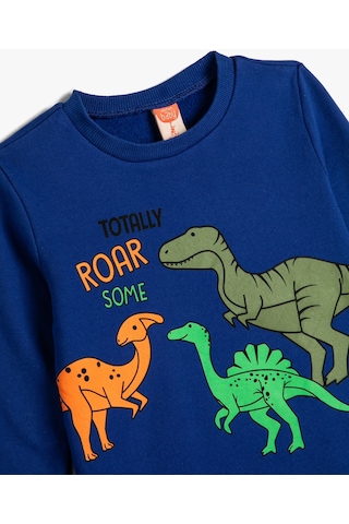 Koton Sweatshirt Dinozor Baskılı Bisiklet Yaka Uzun Kollu Şardonlu Pamuklu Saks 4smb10046tk 4SMB10046TK968 Saks Mavi