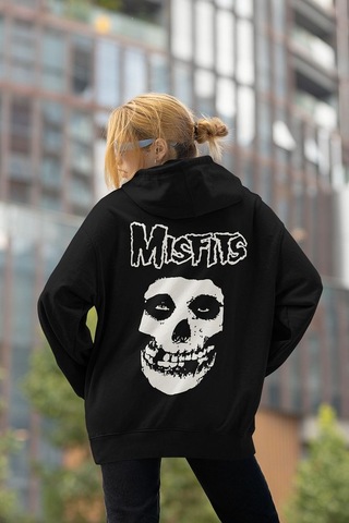 Sevbano Misfits Müzik Grubu Baskılı Unisex Oversize Rock Metal Hoodie Siyah