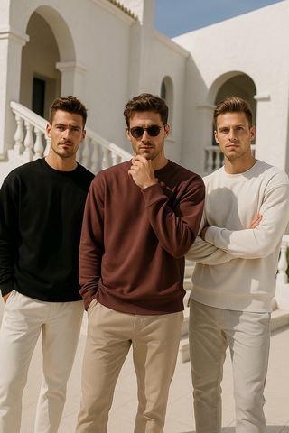 Rich Erkek 3'lü Paket Siyah - Kahverengi - Krem Bisiklet Yaka Scuba Sweatshirt Siyah