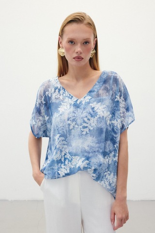 Sateen Nakışlı Kısa Kol Bluz - İndigo-136300 Indigo
