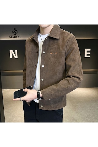 İlkbahar Ve Sonbahar İçin Yeni Üst Düzey Yaka Süet Erkek Ceketi Kahverengi