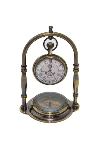 1 Adet Pirinç Masaüstü Pusulalı Saat Dekoratif Masa Saati Ve Pusula, Desk Clock Compass, 15 9 Cm Diğer