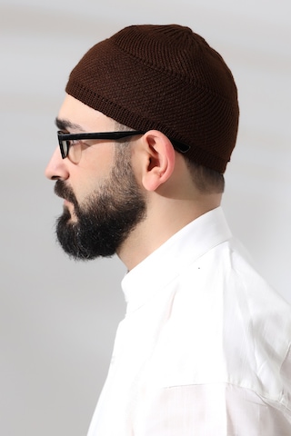 Kahve Süper Namaz Dantel Detaylı Örme Orlon Namaz Takkesi