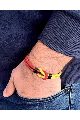 Çift Renkli El Yapımı Taraftar Bilekliği Makrome-%100 Deri Kombin Unisex Bileklik Net 21 Cm Sarı - Kırmızı