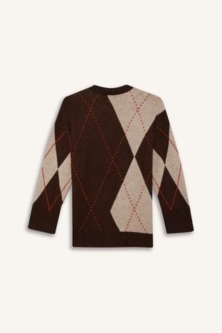 Defacto Regular Fit Bisiklet Yaka Baklava Desenli Triko Kazak Tunik G0711ax25wnbn341 Kahve-bn341